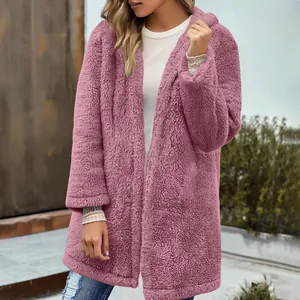 Women's casual loose mauve plush hooded cardigan jacket for autumn and winter fashion