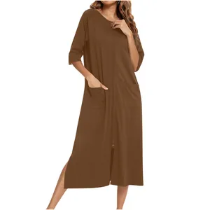 Comoda camicia da notte premaman marrone a maniche 3/4 con cerniera e grandi tasche