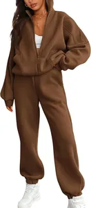 Women's two-piece fleece tracksuit set with zip-up hoodie and loose joggers in brown