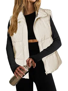 Women's lightweight cream puffer vest with stand collar and full zipper closure for winter