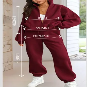 Detailed measurement guide for burgundy fleece two-piece tracksuit set