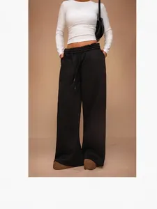 Pantalón de chándal de pierna ancha para mujer con forro polar negro y cordón ajustable