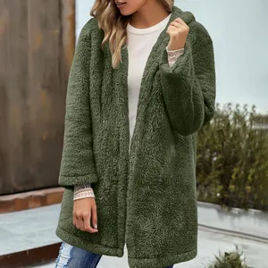 Soft olive green teddy fleece texture on a loose mid-length hooded cardigan jacket