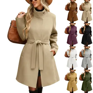 Elegante cappotto di lana retrò con collo alto e cintura regolabile in vari colori