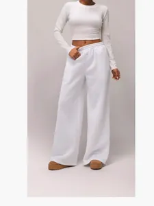 Elegante pantalón de chándal blanco de pierna ancha con cintura elástica para mujer
