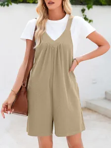 Combishort décontracté kaki à col en V avec poches latérales pratiques pour femmes