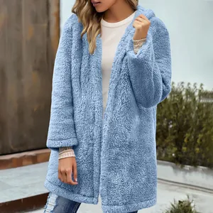 Detailed view of women's light blue plush hooded cardigan coat showing cozy texture