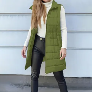 Detail view showing olive green quilted long vest with standing collar for autumn women