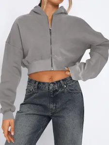Casual women's grey zip-up cropped hoodie sweatshirt featuring soft fleece lining for autumn