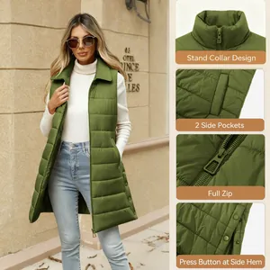 Women's olive green long quilted vest details: stand collar, zip, pockets and hem buttons