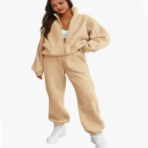 Beige fleece two-piece tracksuit set with zip-up hoodie and joggers for casual wear