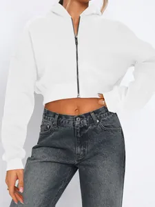 Women's streetwear white cropped zip-up hoodie with fleece lining and high waist jeans