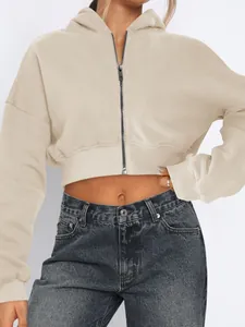 Modern women's beige cropped zip-up hoodie streetwear fleece hooded sweatshirt jacket