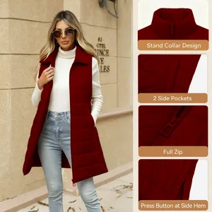 Detailed view of women's long red quilted vest with zipper and functional side pockets