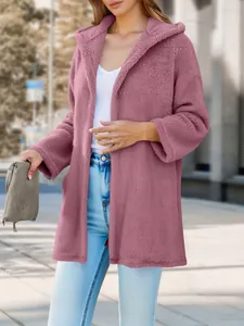 Soft dusty pink fuzzy hooded cardigan for women, perfect oversized teddy coat for winter.