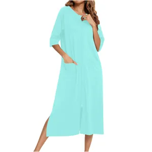 Comoda camicia da notte da allattamento verde menta con cerniera frontale e tasche