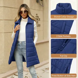 Close-up detail of women's long blue quilted vest showing zip and stand collar