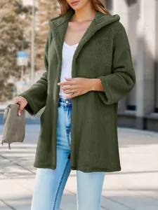 Casual army green plush hooded mid-length cardigan jacket for women's autumn style