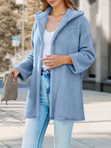 Women's cozy light blue plush hooded cardigan for autumn and winter outdoor wear