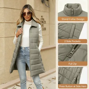 Detail views of mid-length puffer vest showing collar, pockets, zipper and side buttons