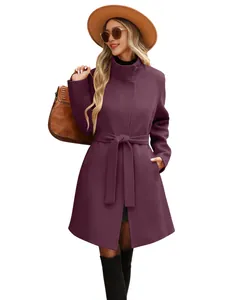 Elegante cappotto vintage in lana viola con collo alto e cintura per lo stile autunnale donna