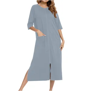 Vestaglia premaman grigio-blu con cerniera, tasche e spacchi laterali comodi