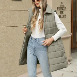 Women's long olive green quilted puffer vest with stand-up collar and front zipper
