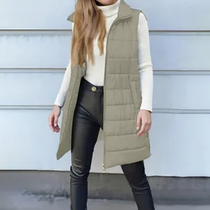 Full view of women's long khaki green puffer vest with zipper and pockets detail