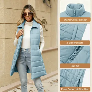 Detailed view of women's long quilted puffer vest showing collar and pockets