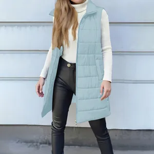 Close-up of a women's light blue mid-length quilted puffer vest with a stand collar