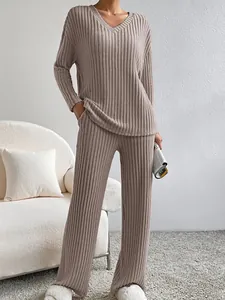 Conjunto De Camiseta Y Pantalón De Punto De Canalé Con Cuello En V Para Mujer Color Sólido De Manga Larga Y Pantalón Recto