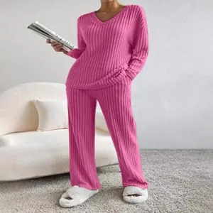 Conjunto de 2 piezas rosa para mujer con cuello en V, punto de canalé y pantalón recto