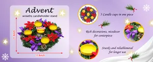 Detailed view of Christmas Advent wreath candle holder with dimensions and 5 cups.