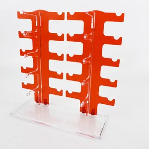 Detailed dimensions for double-row 10-pair acrylic sunglasses display stand in orange