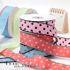 Multi-colored 2.5cm scalloped edge grosgrain ribbon rolls with polka dots for DIY crafts