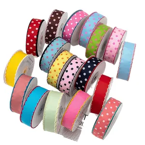 Set of 2.5cm colorful scalloped grosgrain ribbons with polka dots for DIY bows and gift wrap