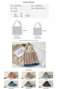 Size guide and color options for Korean style pleated knitted shoulder bag with stripes