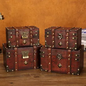 Antique style wooden storage chests set featuring vintage metal hardware and rivets