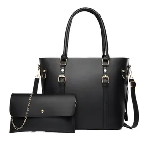 Ensemble de 2 pièces sac cabas noir minimaliste avec pochette à chaîne dorée