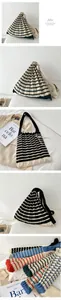 Detailed view of colorful pleated knit tote bags with striped patterns and soft texture.
