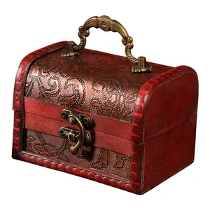 Decorative vintage wooden storage box with embossed pattern metal handle and latch