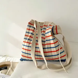 Elegant Korean style pleated knitted tote bag with red and blue stripes for women