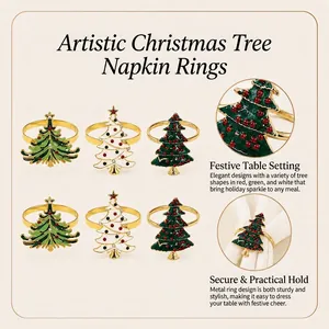 Close-up detail of alloy Christmas tree napkin rings set for festive table decoration