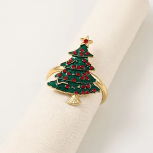 Elegant Christmas tree napkin ring with green enamel and red rhinestones on gold alloy