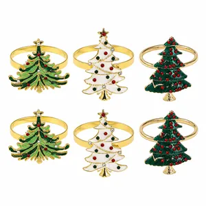 Set of 6 colorful enamel Christmas tree napkin rings with gold finish for holiday table
