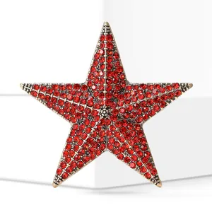 Close-up of vintage star brooch featuring vibrant red rhinestones and gold-tone metal