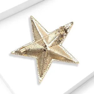 Detail view of the back of a vintage gold star brooch showing the pin mechanism.