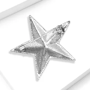 Detail view of the silver star brooch back with textured finish and pin closure.