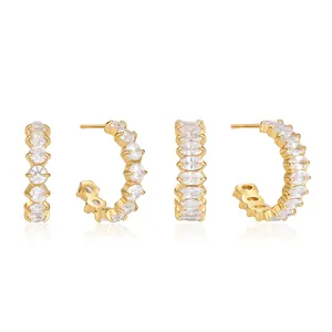 18K gold plated stainless steel C-shaped hoop earrings with clear cubic zirconia