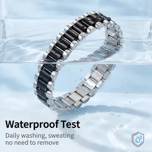 Luxury waterproof stainless steel bracelet with silver and black links shown in water